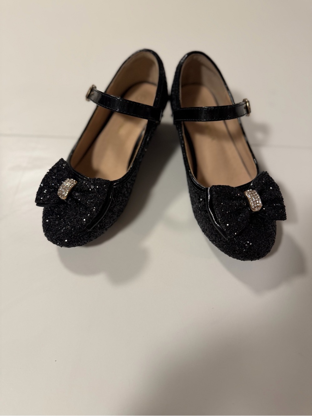 Girls Black Glitter Mary Jane Dress Shoes with Bow Accent